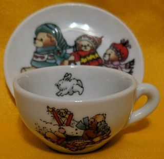 Porcelain Lucy Rigg & Me Teddy Bears Sledding Mini Tea Cup & Saucer Set Rare