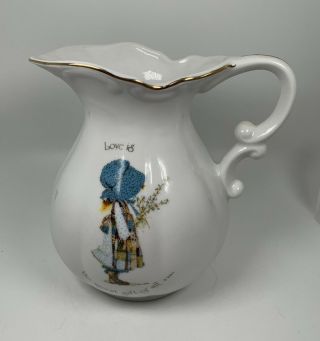 Holly Hobby Gold Trim Porcelain Water Pitcher Jug Vase 6 Inches 1973 Vintage