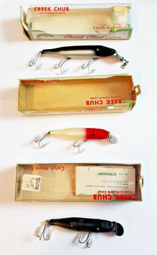 3 Vintage Creek Chub Pikie Lures In Correct Boxes