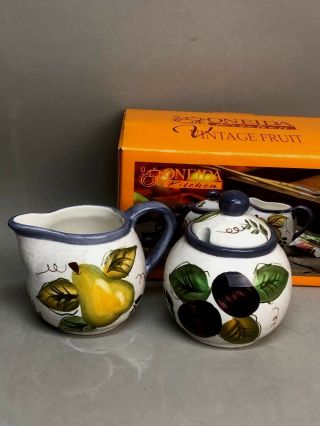 Oneida Vintage Fruit Blue Creamer Sugar Bowl With Lid Set Nib