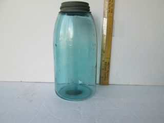 Antique Rich Blue - Green Aqua Fruit Jar Halfgal.  9in.  Tall Masons 1858 Ground Topp