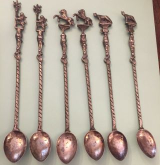 Vintage Set 6 Montagnani Italy Silver Plate Cocktail Long Spoons Figural Tops