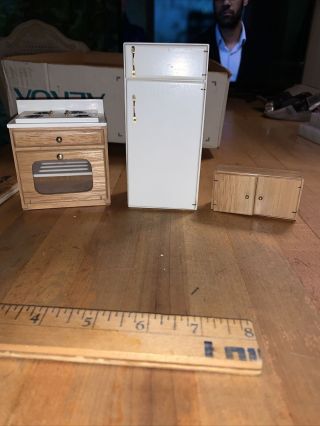 Miniature Doll House Furniture Vintage Kitchen Set Stove Refrigerator Cabinet