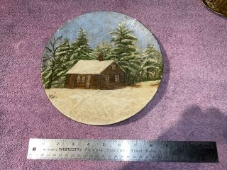 Antique Folk Art Painting Of A House On A Paper Composite Plate.