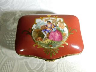 Antique French Porcelain Trinket Box W Courting Scene Hand Painted