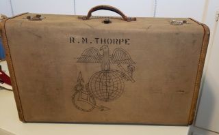 Rare Wwii Usmc Ega Us Marine Corps Suitcase Hand Drawn Emblem Luggage Ww2