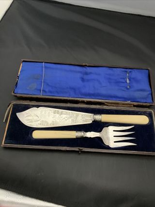 Antique Silver Plate Fish Knife And Fork Serving Set