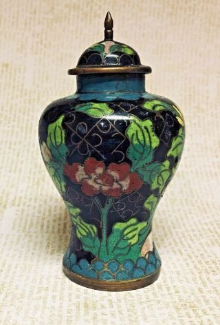 Antique Miniature Cloisonne Oriental Blue Chinese Urn With Lid - Floral