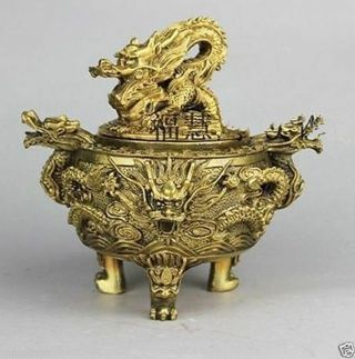 Antique Lucky Brass Dragon Tripod Incense Burner / Censer