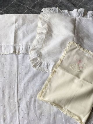 Vintage Baby Bassinet Duvet Coverlet Pillow White Lace Handmade Bopeep Nursery