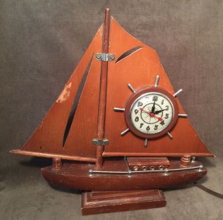 Rare Vintage Wooden Sailboat Commodore Clock Nautical Beach Decor Parts Repair