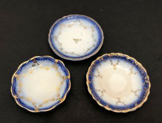 3 Small Antique Flow Blue Butter Pat Dish Salt Cellars - Similar Patterns