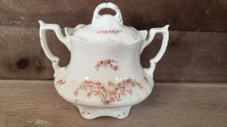 Rare Antique J&g Meakin England Classic White Sugar Bowl Pink Flowers.  1920´s