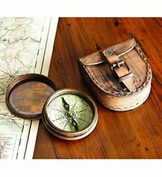Antiqued Brass Poem Compass With Brown Leather Case