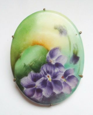 Antique Victorian Hand Painted Porcelain Oval Pin Brooch With Violet Flowers
