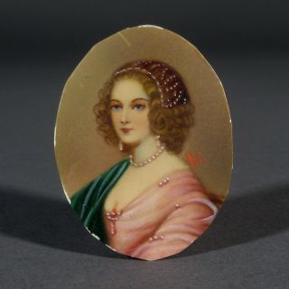Antique French Miniature Portrait Of A Lady,  Woman,  Celluloid,  Signed