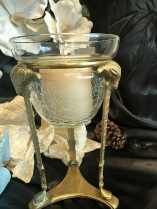 Antique Brass & Crackled Glass Candle Holder With 3 Ram 