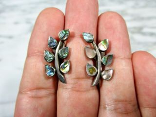 PR ANTIQUE MEXICAN STERLING SILVER LEAF EARRINGS ABALONE SHELL INLAY EAGLE MARK 2