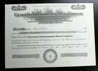 Antique Mining Stock Certificate Cieneguita Consolidated Mining 1913 Arizona