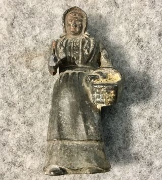 Small Antique Lead Figure Of Lady With Basket Movable Arm