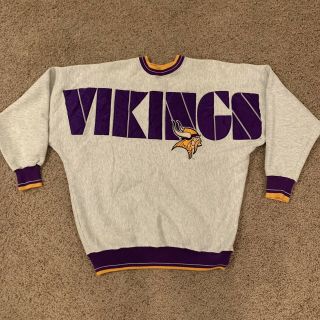 Vtg 90s Minnesota Vikings Nfl Legends Spellout Crewneck Sweatshirt L Rare Ringer