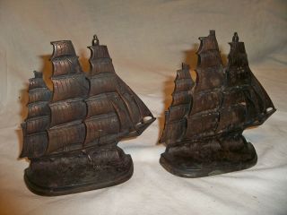 Antique Pair Bronze Ornate Bookends Nautical Ship Sea Sailing Boat