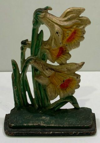 Rare Antique Cast Iron Hubley Daffodil Flower Doorstop 453: " Jonquil " Ca.  1925