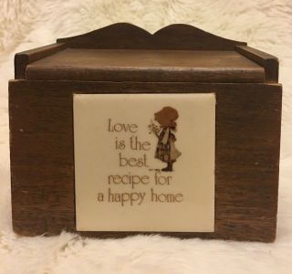Vintage Holly Hobbie Recipe Box Wood & Tile 3x5” Card Holder Country Kitchen