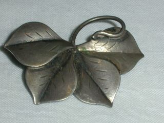 Antique Arts & Crafts Sterling Silver Leaf Brooch - Engraved M.  L