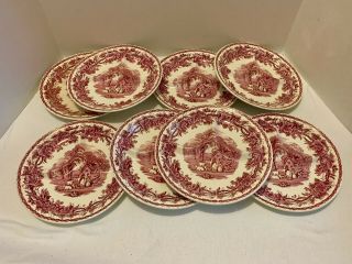 8 Antique English British Scenery Booths Silicon Divided 9 " Plates Red/pink