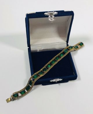 Vintage Tennis Bracelet Gold Tone Set With Emerald Glass Stones Elegant Pretty