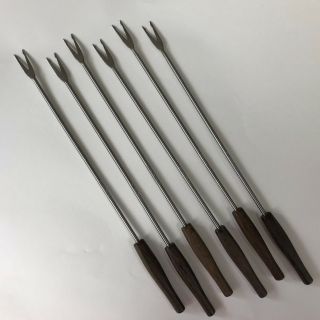 Vintage 6 - 10 " Long Wood Handle Mid Century Fondue Forks Stainless Steel Germany