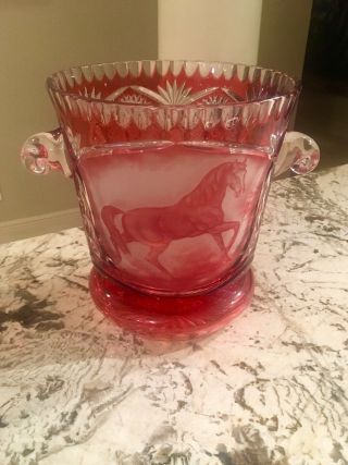 Large Rare Red Cut To Clear Lead Crystal Ice / Wine Bucket W/etched Race Horse