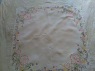 Vintage Linen Table Cover Hand Embroidered With Flowers,  Pink Blue Purple Yellow