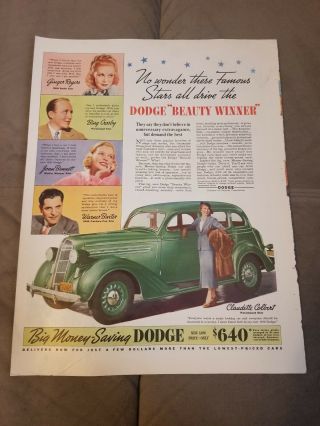 1936 Dodge Beauty Winner Ad Bing Crosby Ginger Rogers Warner Baxter Kotex Rare