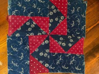 Antique Fabric Quilt Block Pinwheel Indigo Blue Cranberry White Circles 12x12