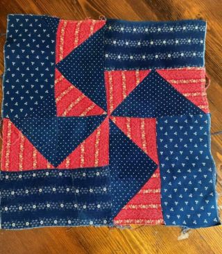 Antique Fabric Quilt Block Pinwheel Indigo Blue Turkey Red 12x12
