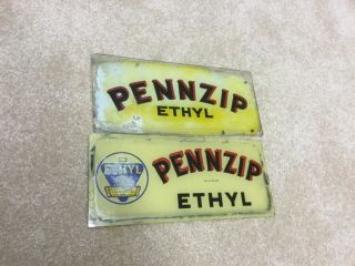 Rare Pennzoil Pennzip Ethyl Gas Pump Ad Glass Panel Pair Can Oil City