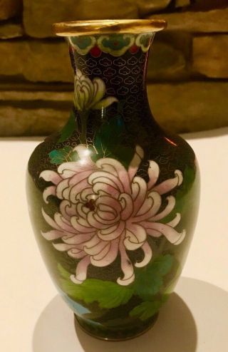 Vintage Chinese Black Floral Cloisonne Vase 8 " Handmade Flowers Bird Blossoms
