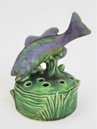 Antique Weller Fish Flower Frog Ceramic Purple Green Rare Sculpture Statue Old
