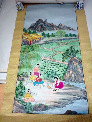 Vintage Chinese Silk Embroidery Scroll Painting Of Figural Scene On Silk