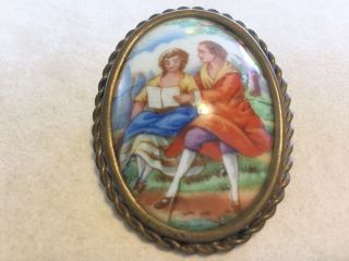 Antique French Hand Painted Porcelain Pin Brooch Limoges France W Lovely Couple
