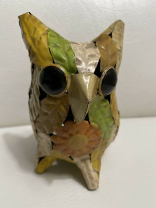 Rare Vintage Mid Century Brutalist Metal 5” Owl Leaves And Daisys Sculpture
