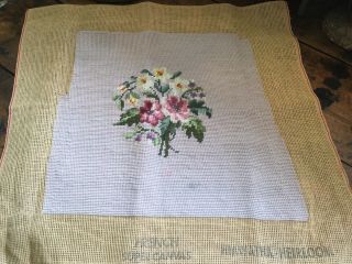 Antique Vintage Wool Needlepoint Pillow Stool Chair Seat Cover Floral Garden