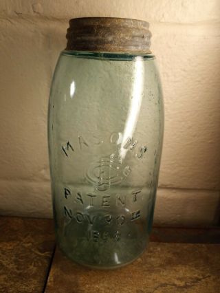 Antique - 1890s - " Cfj Co " Masons Patent 1858 - Half Gallon Blue/aqua Jar