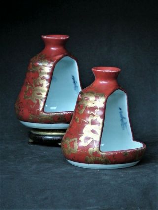 Japanese Vintage Porcelain Candle Holder Lamp W/signed Gold Hand Paint Set Of 2