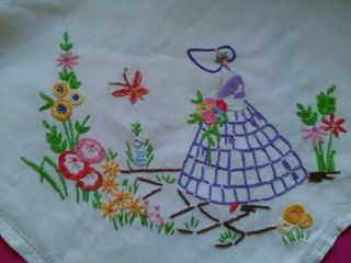 Vintage Linen Table Cover Hand Embroidered With Crinoline Lady & Cottage Garden