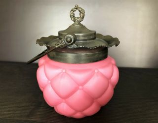 Antique Consolidated Glass Pink Satin Florette Quilt Biscuit Jar