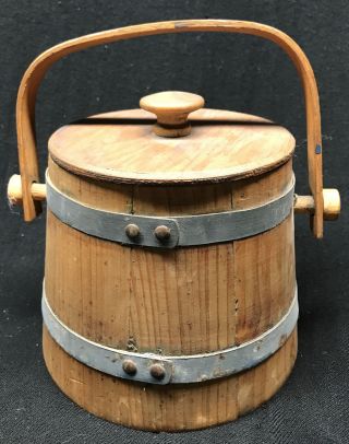 Small Antique Primitive Wooden Firkin Sugar Bucket 5” W/ Lid Metal Band Patina