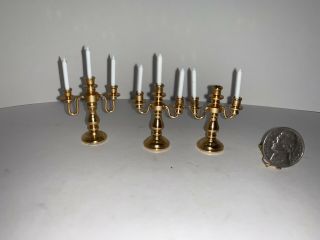 Vintage Dollhouse Miniature Brass Candelabra With Candles,  Set Of 3